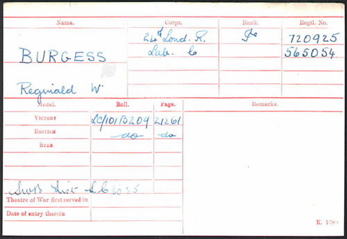 Medal Card for R W Burgess